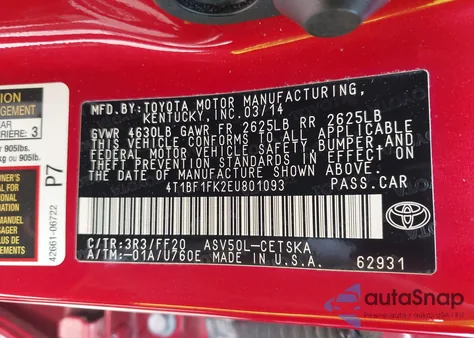 2014 Toyota Camry Se z USA, uszkodzony, nr VIN 4T1BF1FK2EU801093